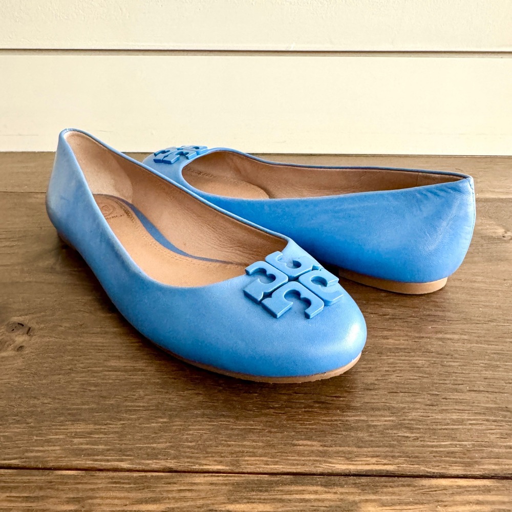 Tory Burch Lowell 2 Leather Ballet Flats 8 Blue Macaw Logo Medallion Preppy Luxe